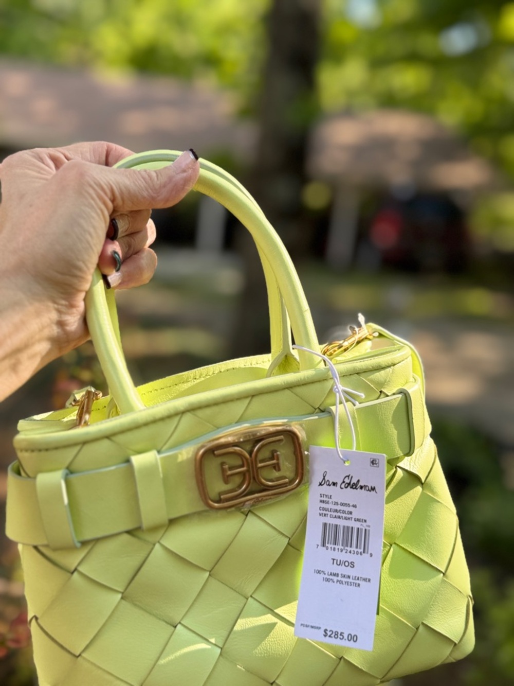 Sam Edelman Neon Lime Woven Top-Handle Mini Bag with Gold Hardware